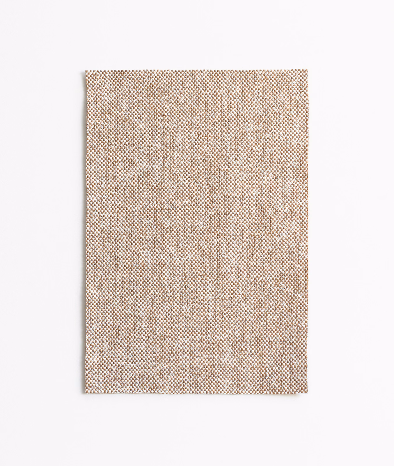 Warm ochre-tan woven upholstery swatch with fine mottled check texture