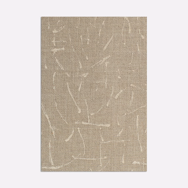 Warm taupe woven fabric with pale broken abstract lines and visible fine texture