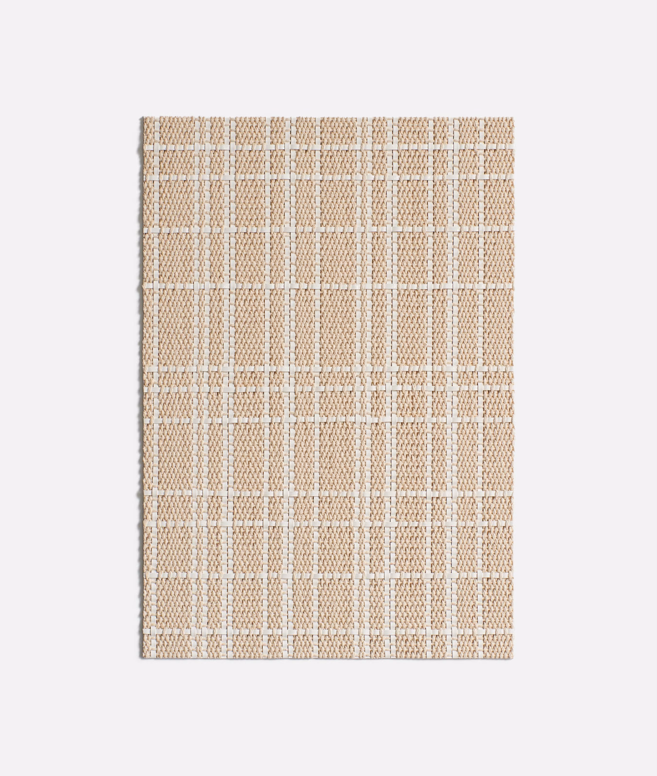 Warm magnolia-beige upholstery with a textured cream windowpane check