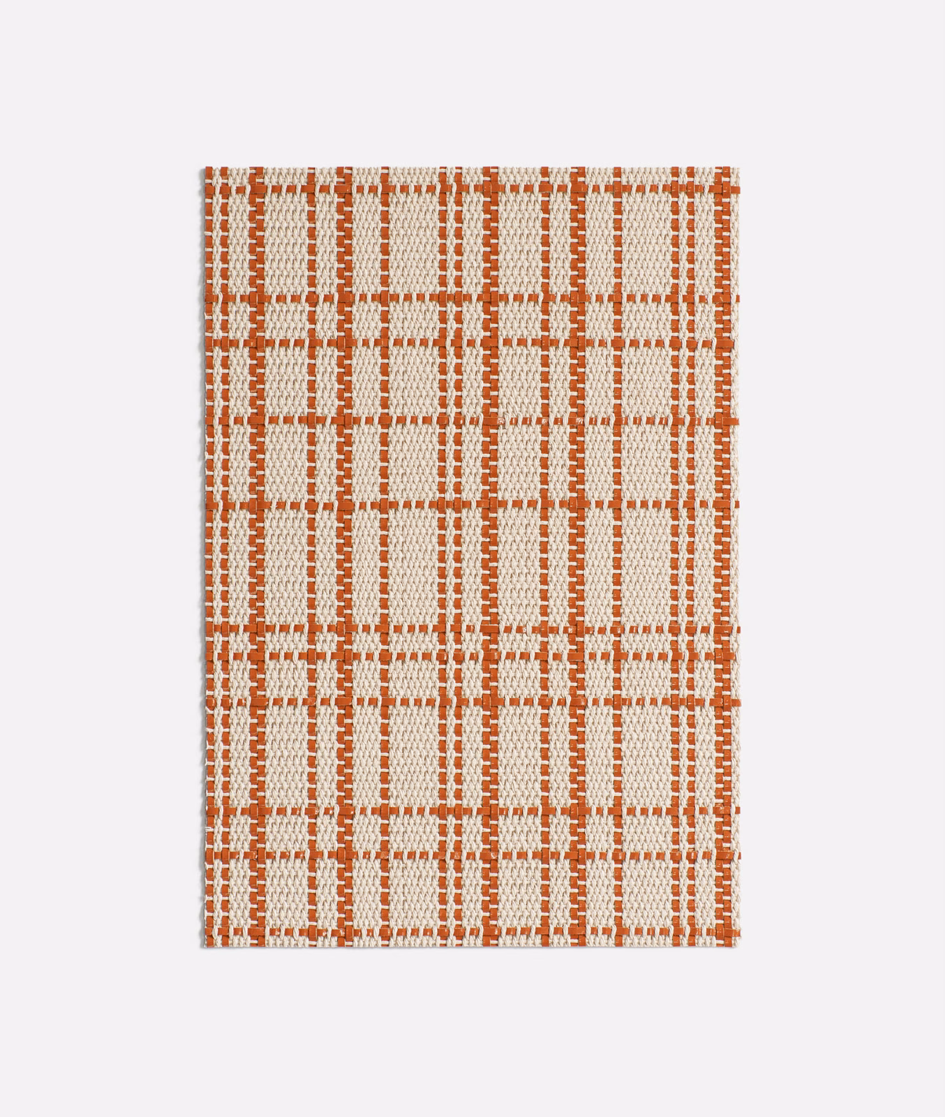 Cream woven swatch with irregular rust-red windowpane checks and tactile texture