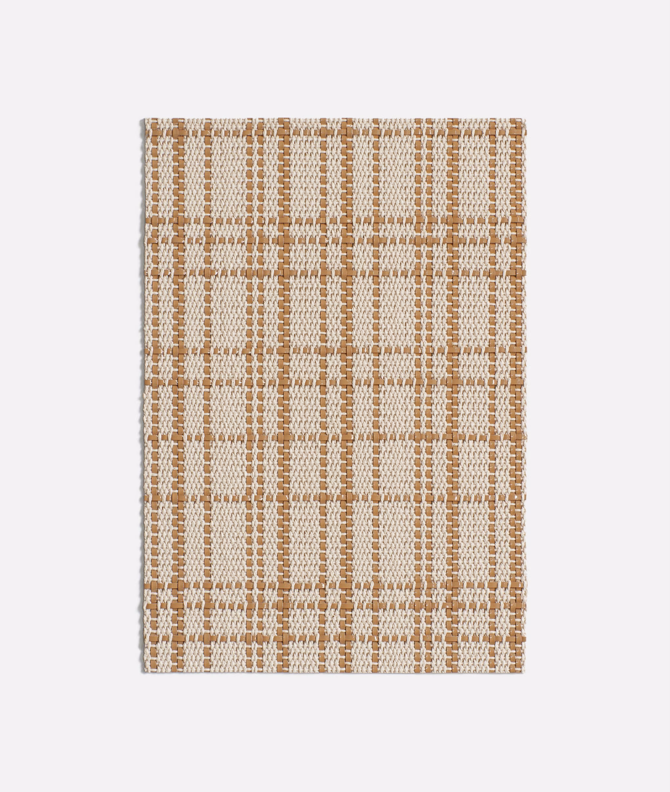 Warm nude-beige woven check with tactile tan bands and an irregular square grid