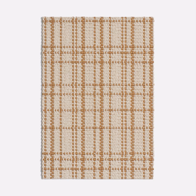 Warm nude-beige woven check with tactile tan bands and an irregular square grid