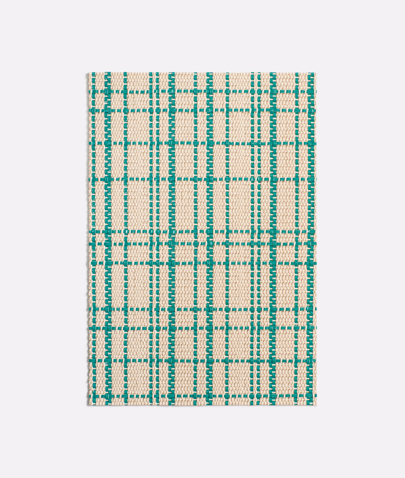 Bright teal and cream woven fabric with an irregular checked grid texture