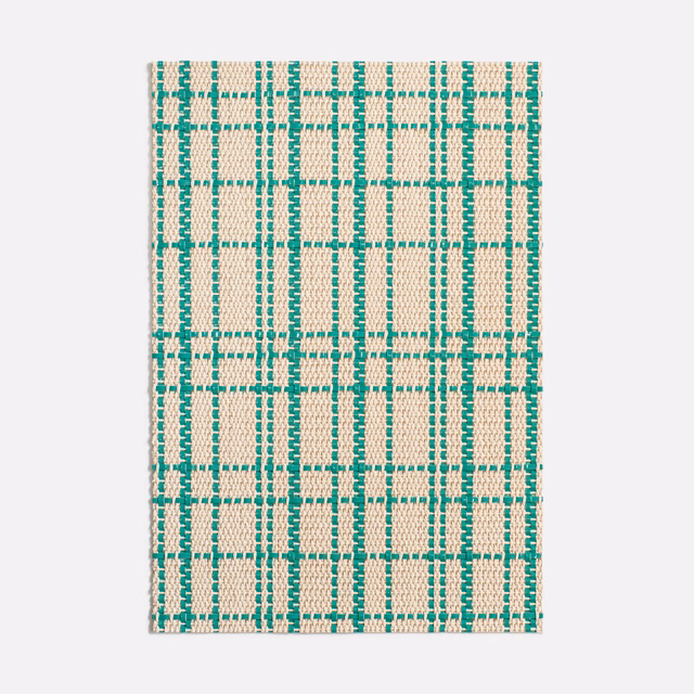 Bright teal and cream woven fabric with an irregular checked grid texture
