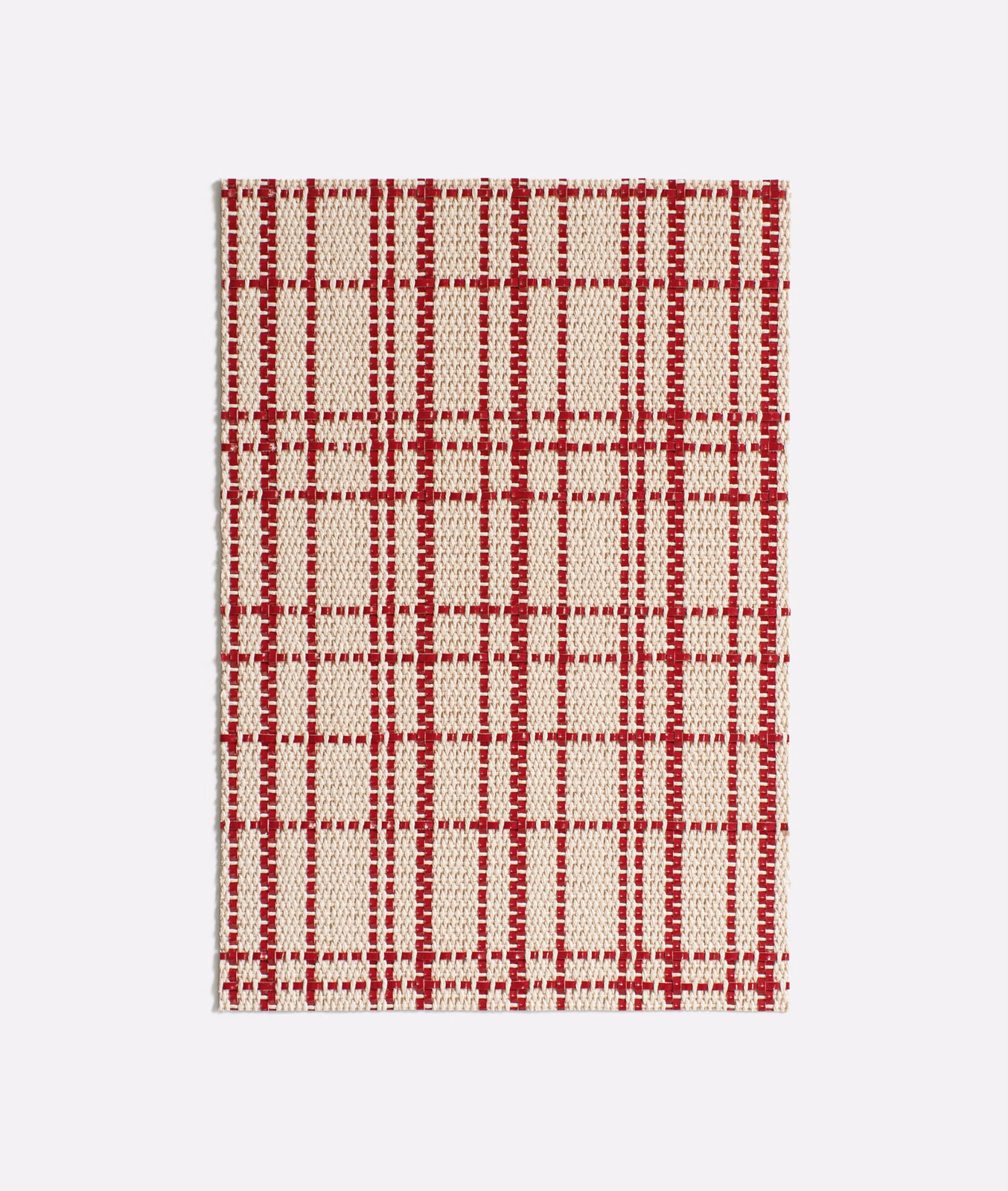 Cream woven fabric with a deep red irregular checked grid and tactile texture