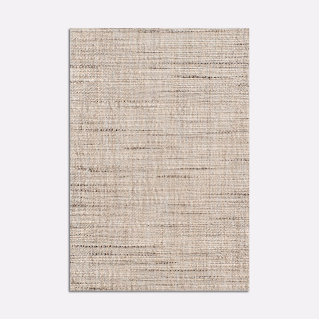 Warm ivory woven swatch with fine horizontal striations and scattered taupe flecks