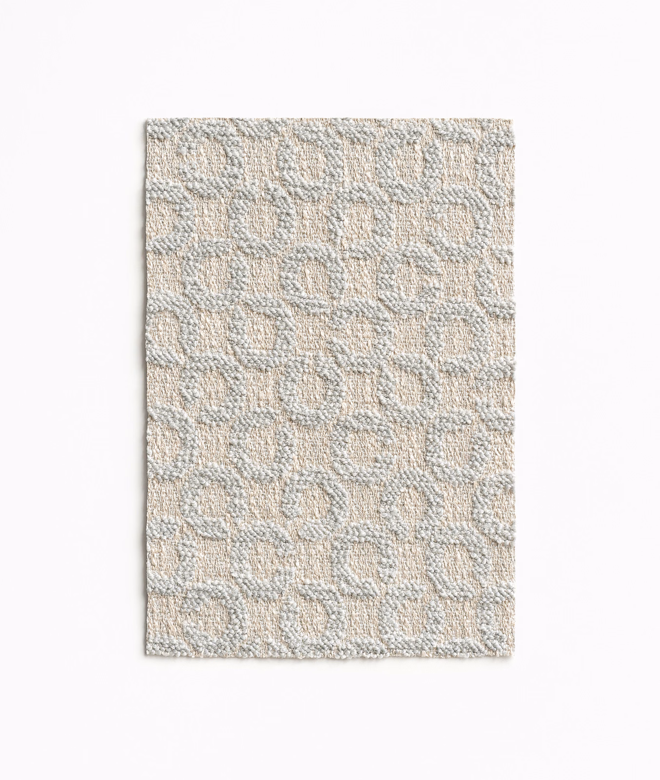 Pale blue-grey and oatmeal woven swatch with repeated rounded motifs and nubby texture