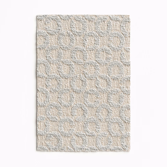 Pale blue-grey and oatmeal woven swatch with repeated rounded motifs and nubby texture