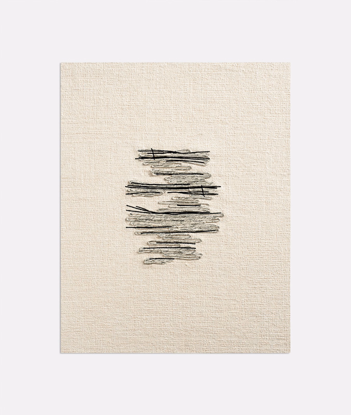 Ivory woven fabric with layered charcoal horizontal brushstrokes in an abstract central motif