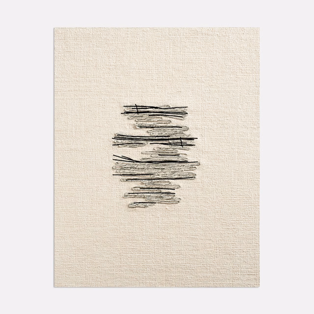 Ivory woven fabric with layered charcoal horizontal brushstrokes in an abstract central motif