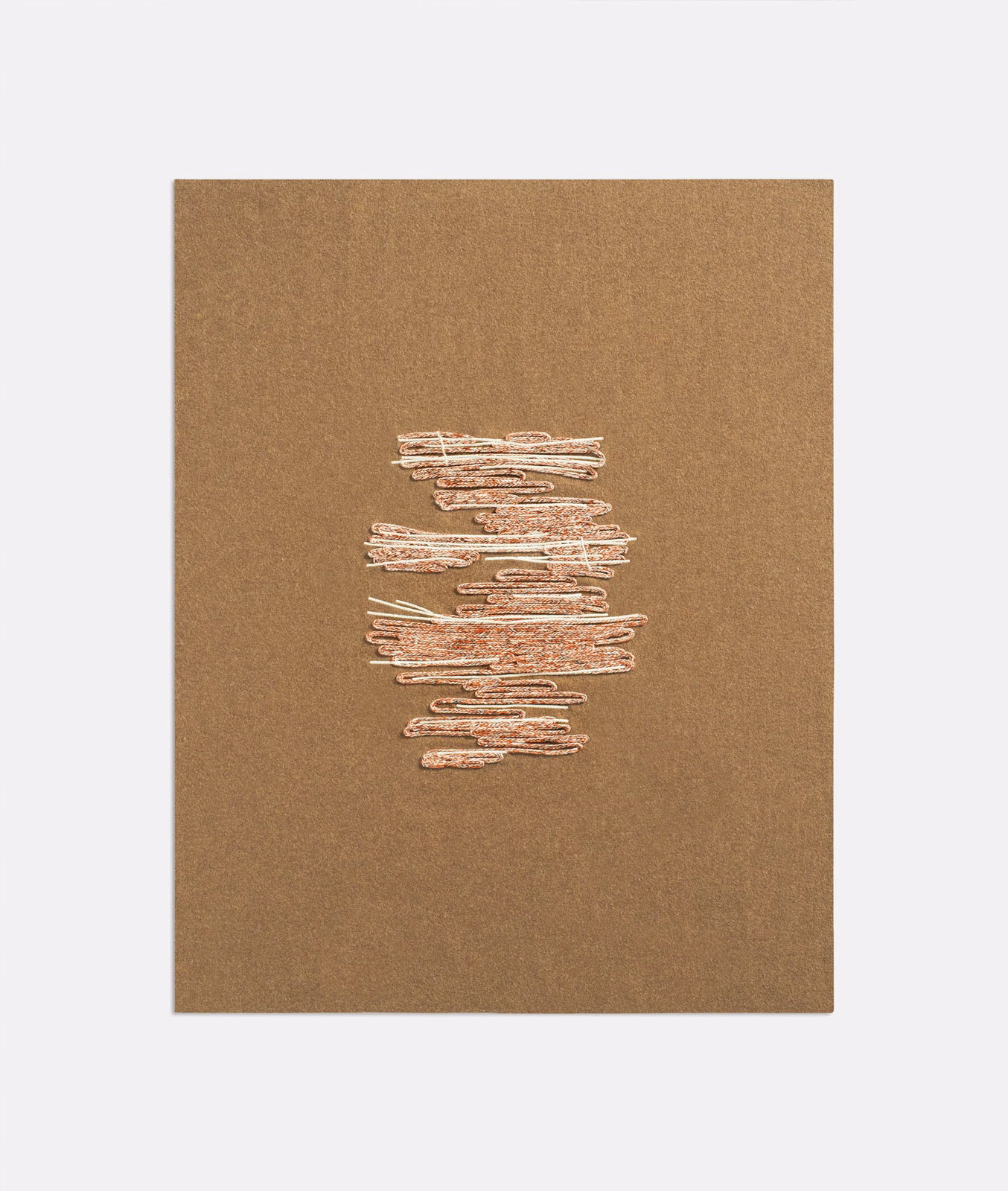 Tobacco-brown textile with a central coral and pale horizontal abstract motif