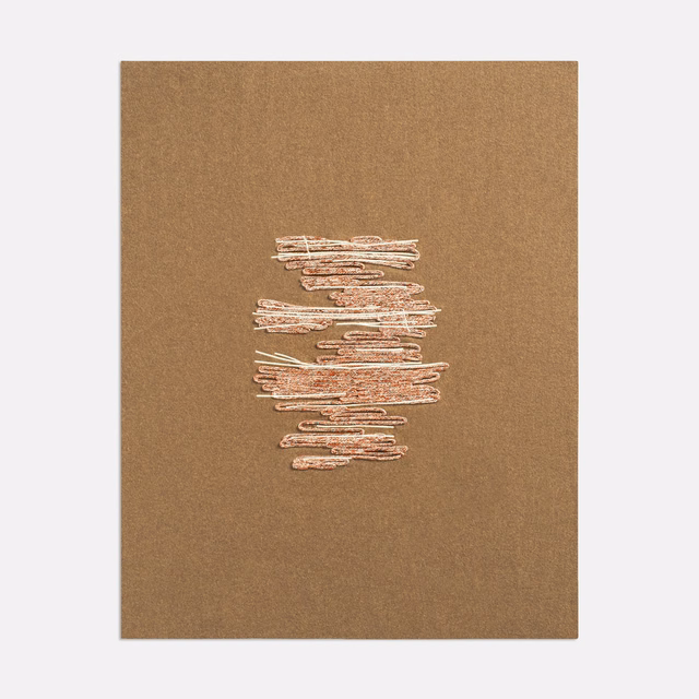 Tobacco-brown textile with a central coral and pale horizontal abstract motif