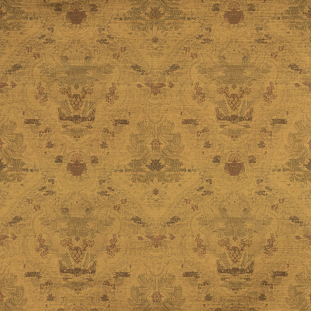 Ochre-gold woven textile with faded botanical bouquets and russet floral details