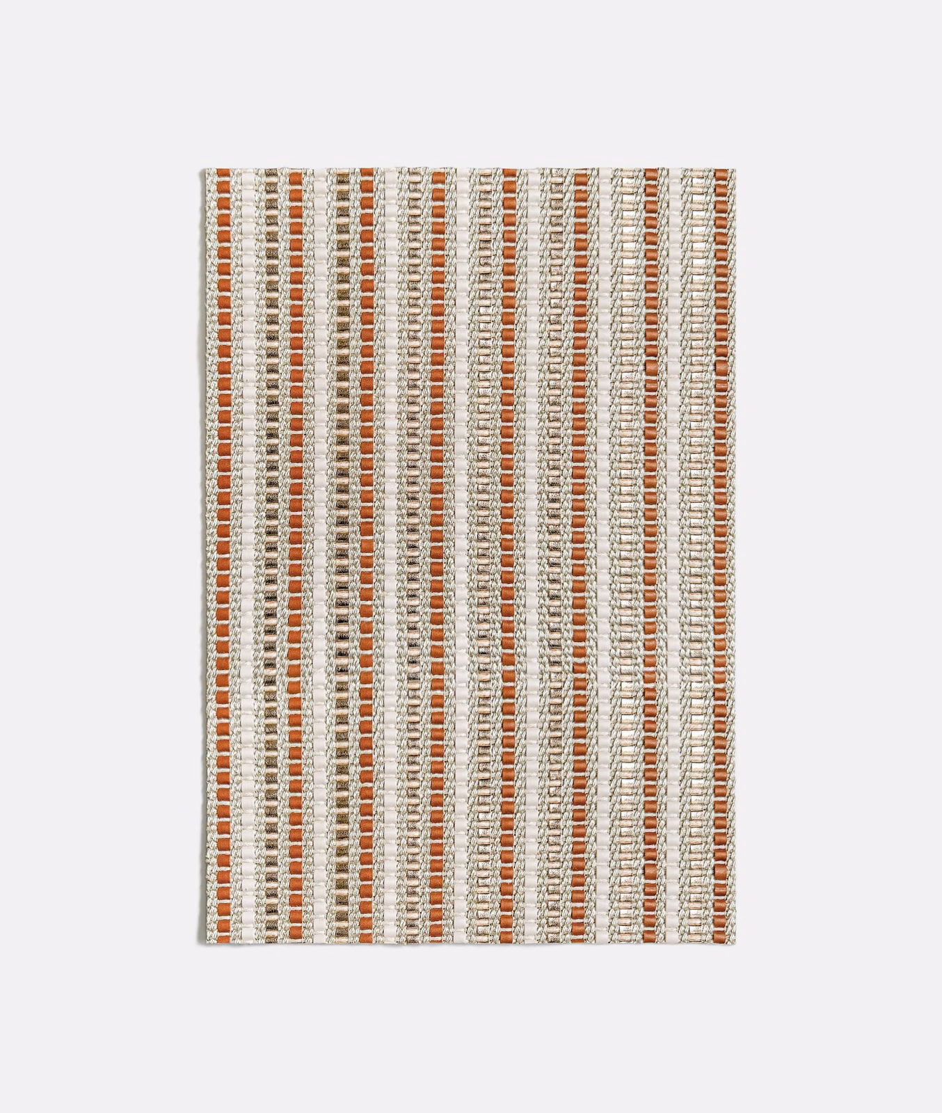 Warm terracotta, ivory and grey fine vertical stripes in a textured woven fabric