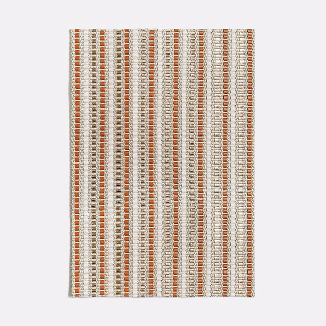 Warm terracotta, ivory and grey fine vertical stripes in a textured woven fabric