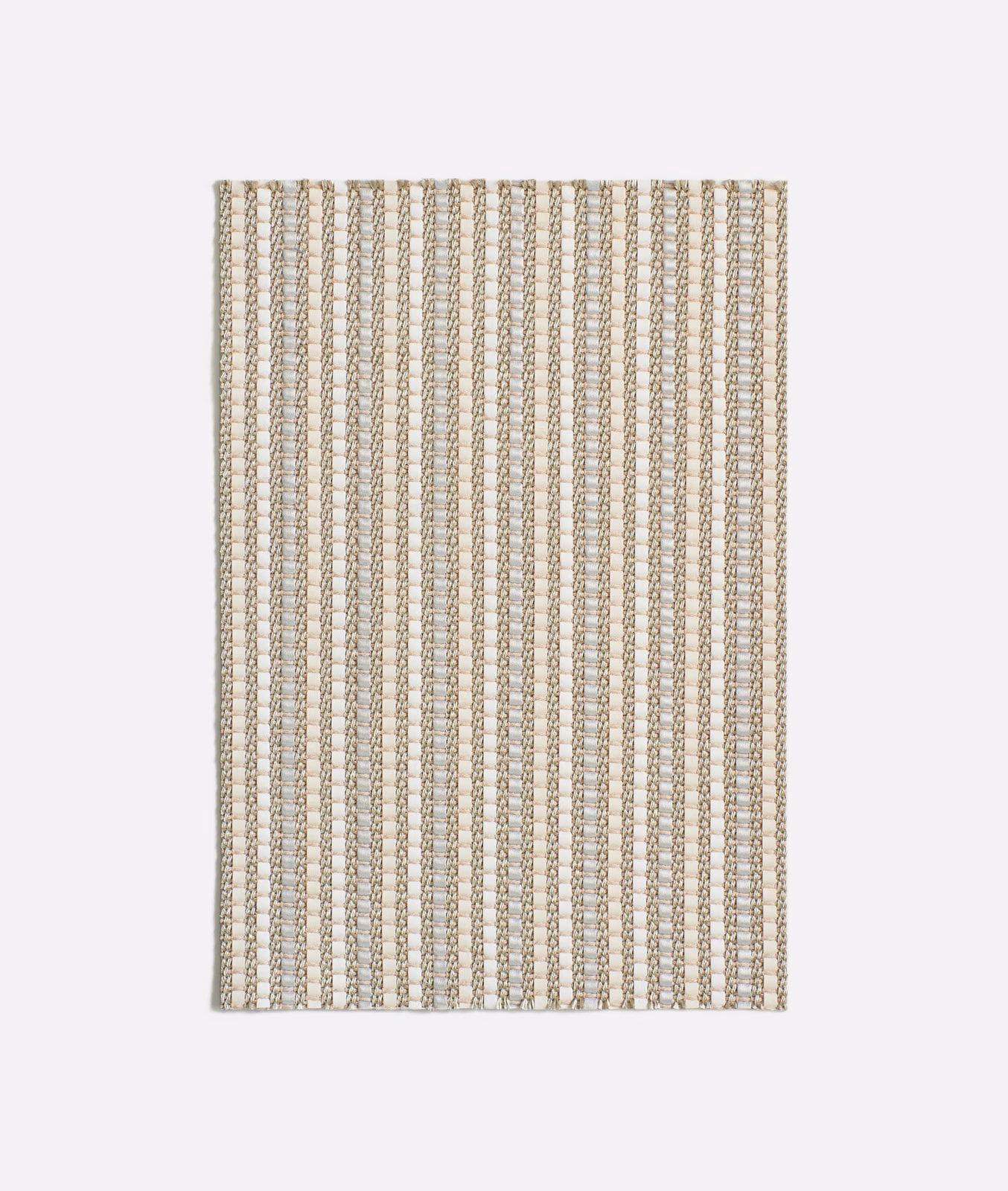 White and silver woven swatch with narrow, repeating vertical chain-like stripes