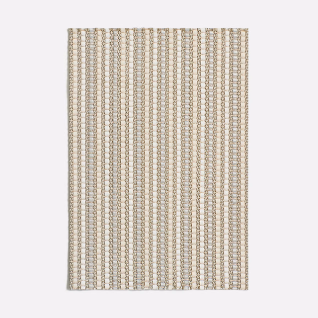 White and silver woven swatch with narrow, repeating vertical chain-like stripes
