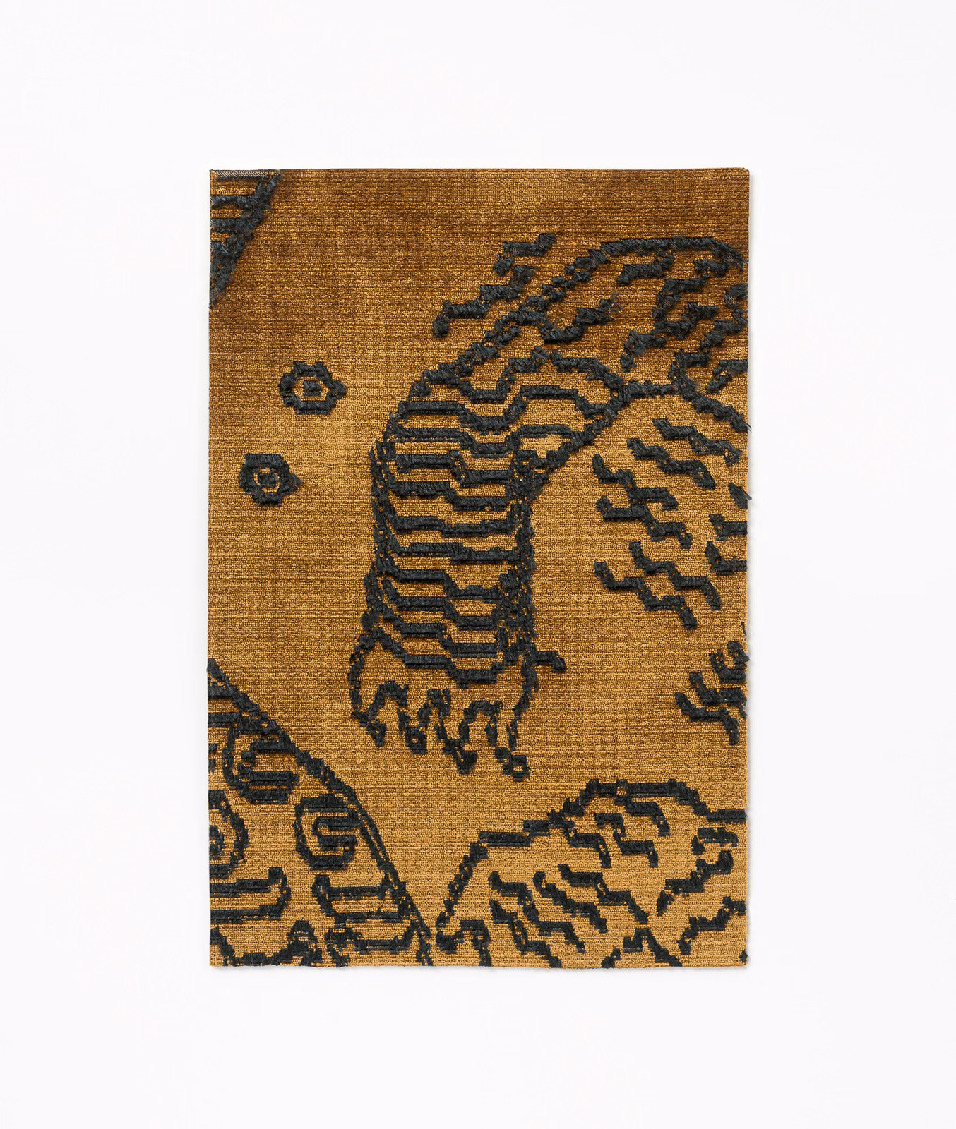 Ochre-brown woven fabric with charcoal tiger and geometric motifs