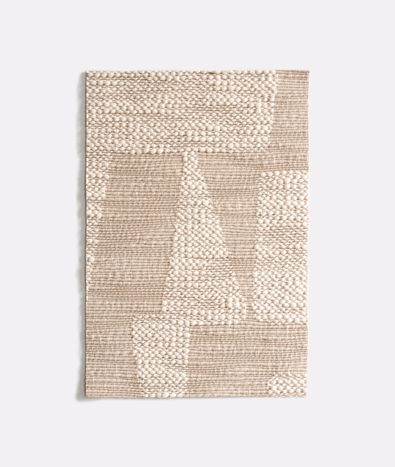 Warm oatmeal-beige geometric upholstery weave with raised loops and tonal rectangular blocks