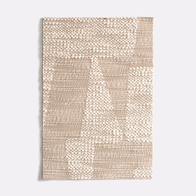 Warm oatmeal-beige geometric upholstery weave with raised loops and tonal rectangular blocks