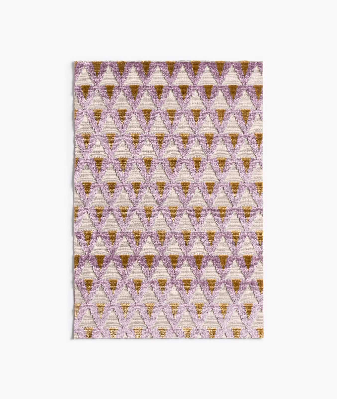 Amethyst velvet swatch with cream, plum and olive triangular geometric repeat
