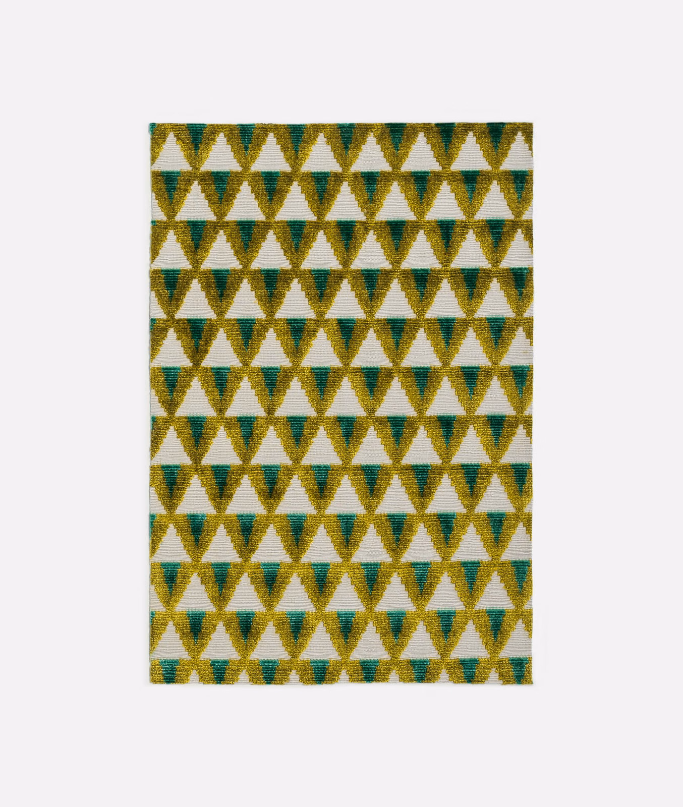 Emerald and gold triangle velvet with ivory geometric gaps and softly textured surface