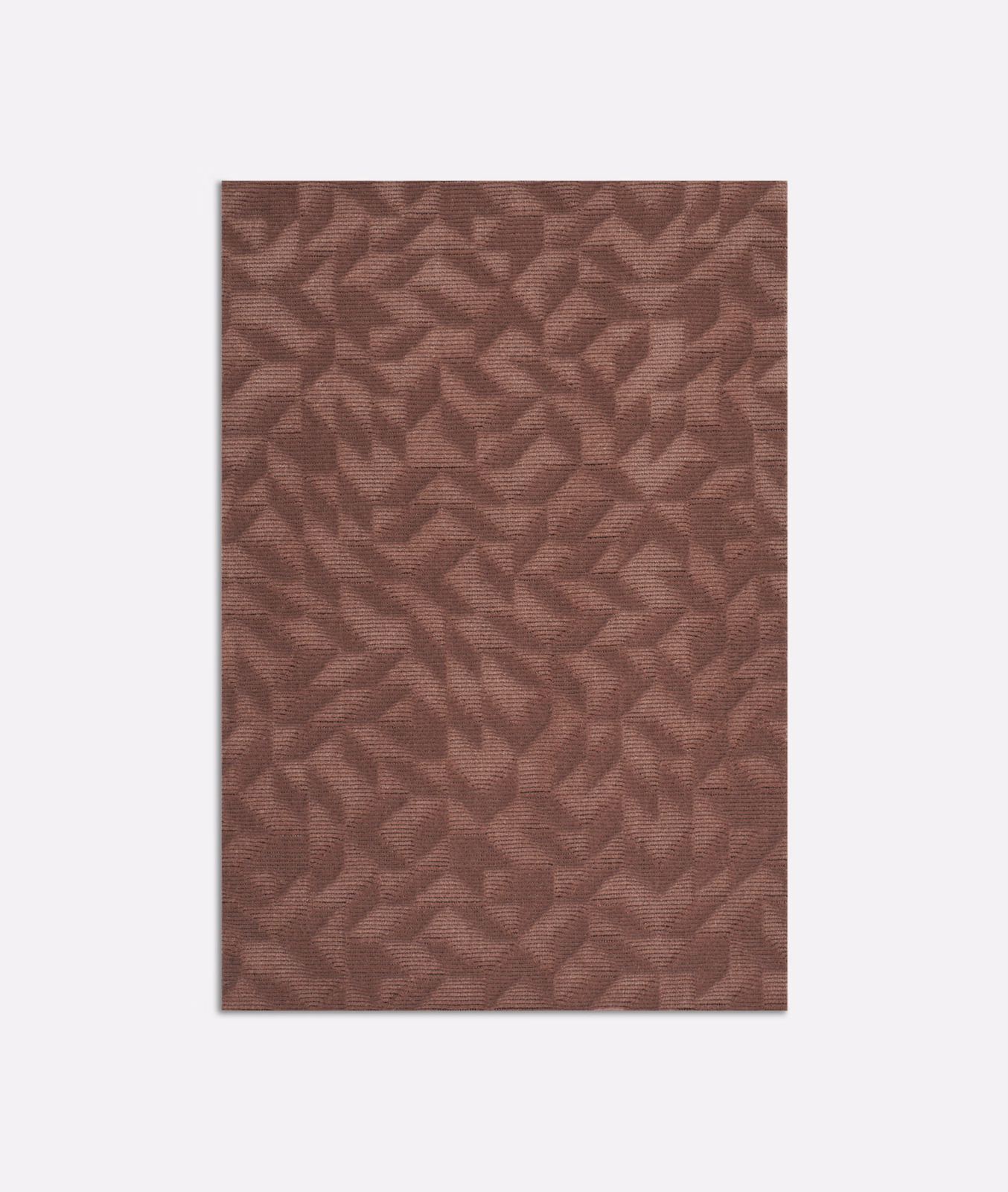 Warm terra cotta velvet with dense rust-brown geometric leaf-like motifs and subtle directional sheen