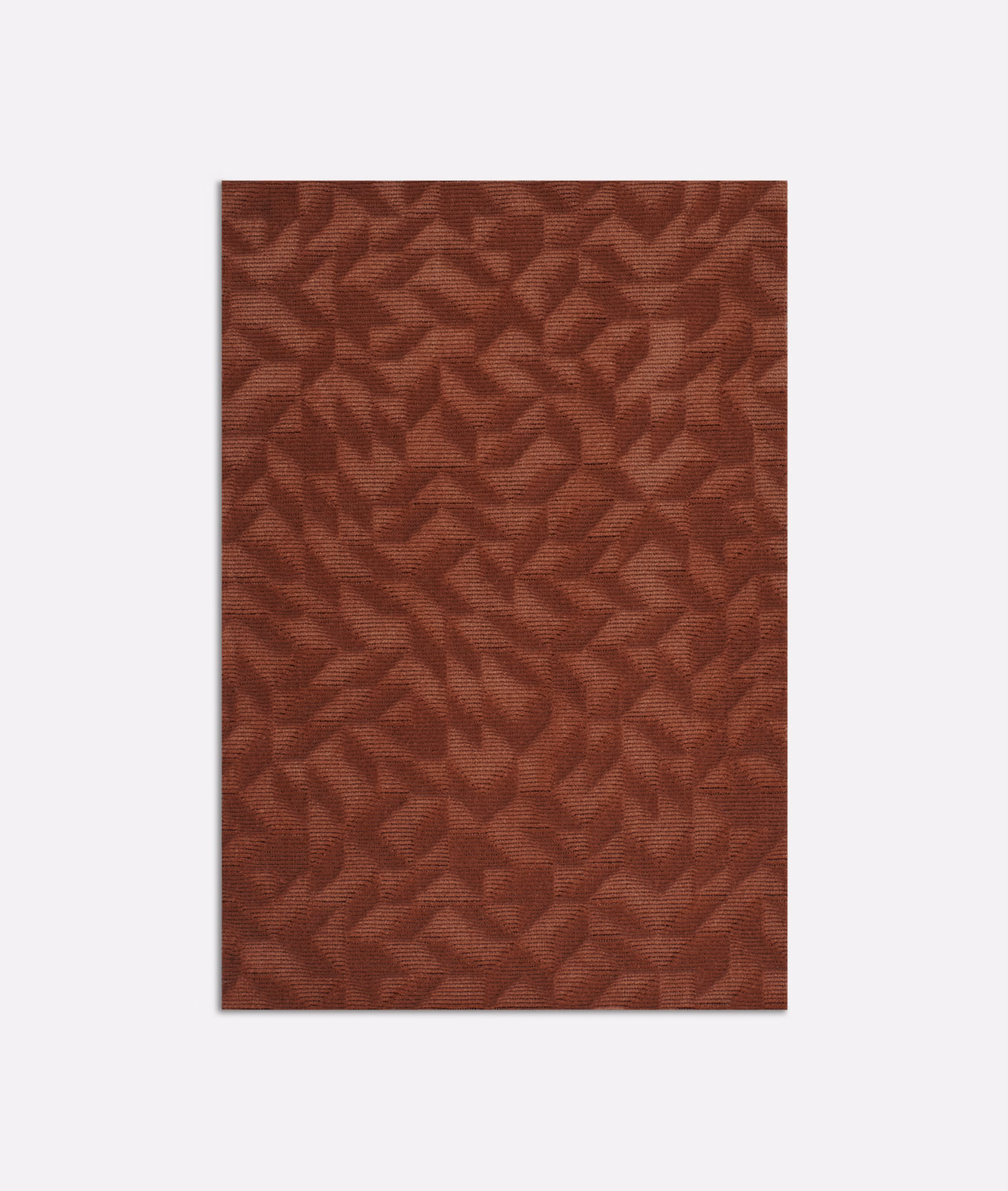 Warm russet terracotta velvet with raised angular leaf-like motifs and directional texture