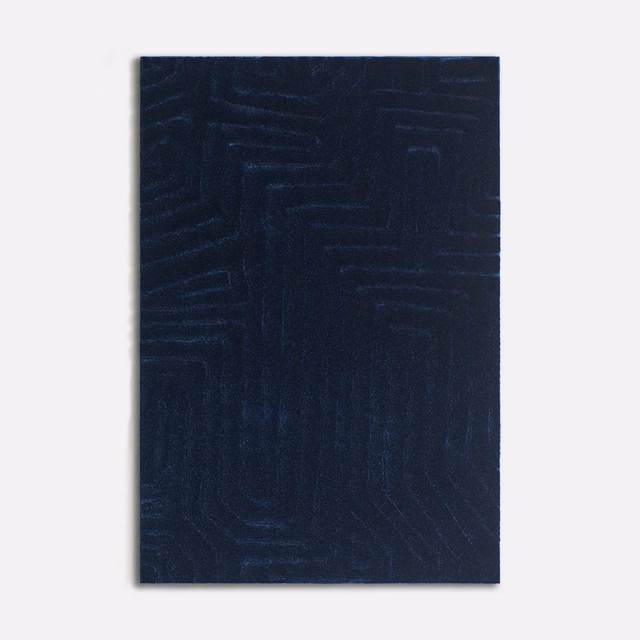 Midnight navy velvet with subtle tonal maze-like geometric lines and a soft directional sheen