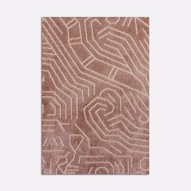Dusty rose velvet with cream labyrinth lines and a softly raised surface