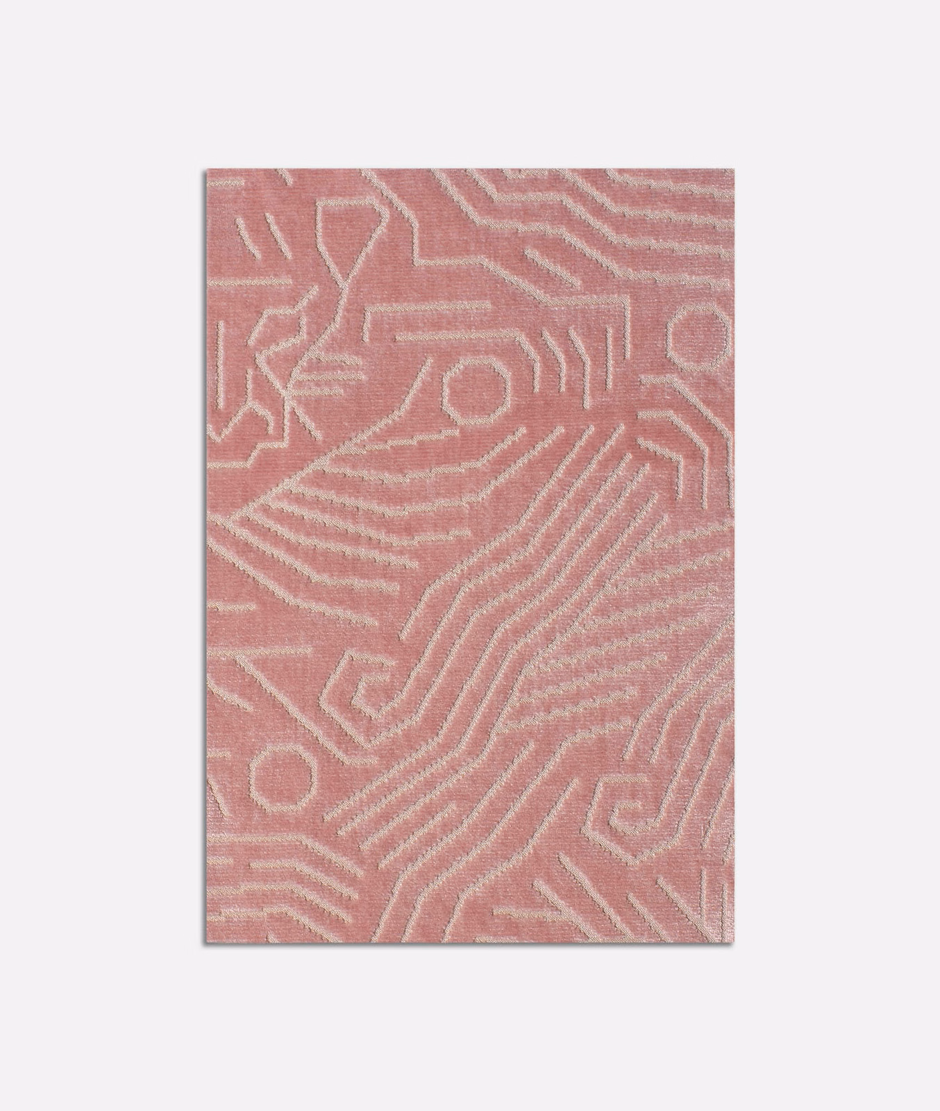 Dusky rose pink velvet with pale angular contour lines and rounded geometric motifs