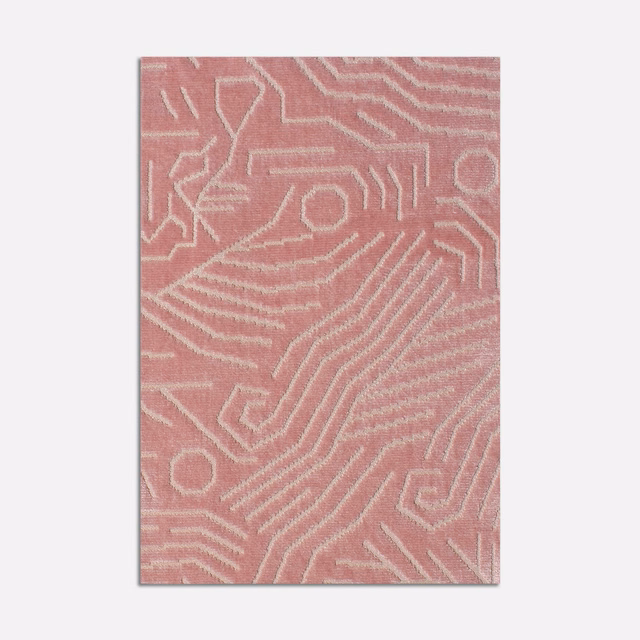 Dusky rose pink velvet with pale angular contour lines and rounded geometric motifs