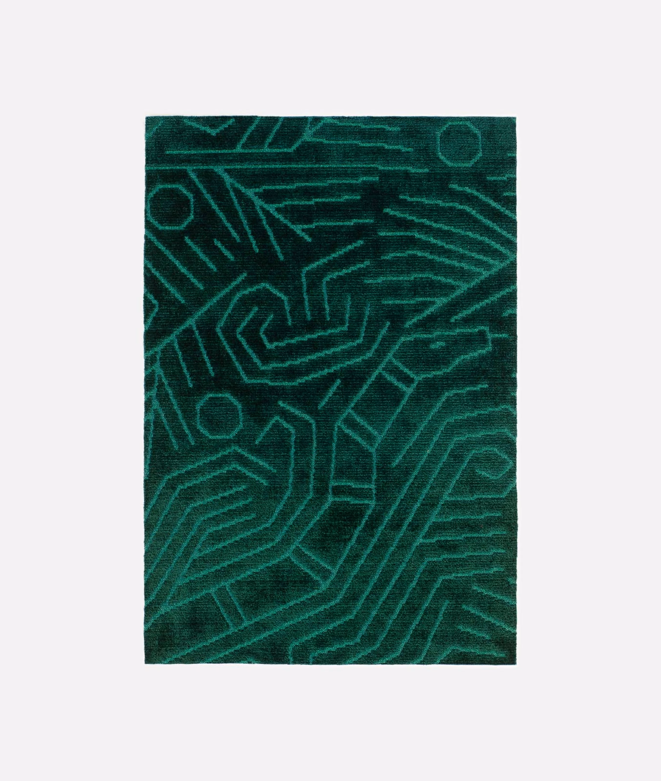 Deep malachite velvet with glowing teal circuit-like geometric lines and plush pile
