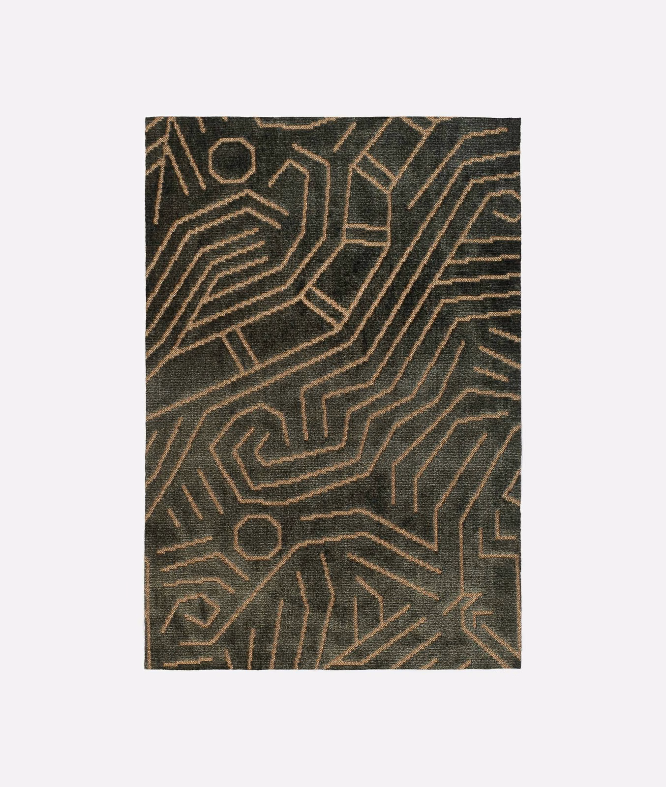 Dark olive-charcoal velvet with bronze maze-like lines and a softly raised pile