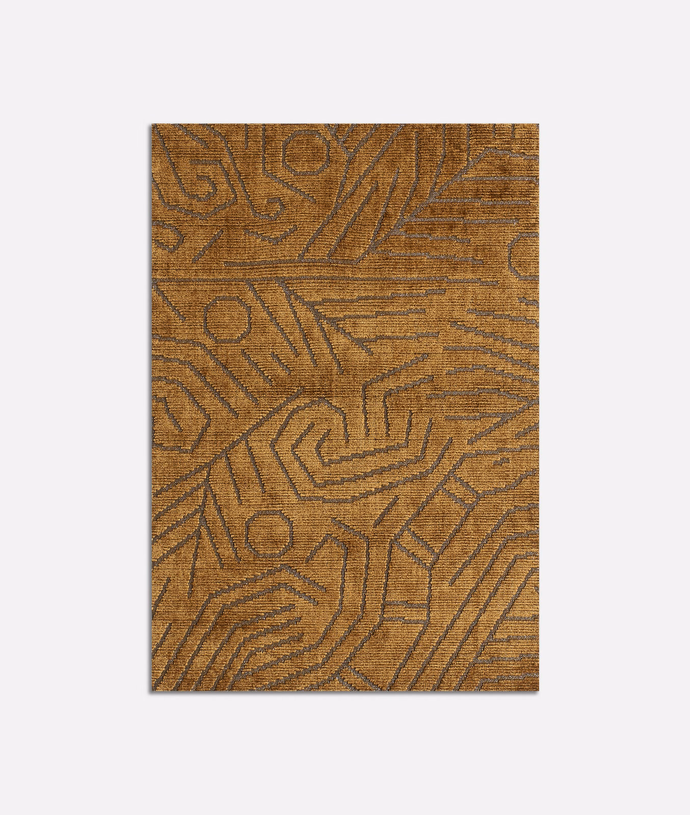 Warm tobacco velvet with dark labyrinthine geometric lines and softly striated texture