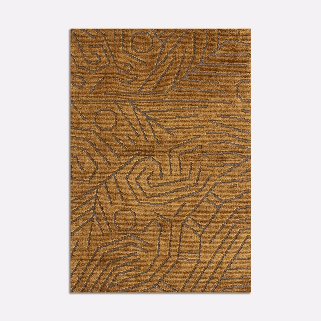 Warm tobacco velvet with dark labyrinthine geometric lines and softly striated texture