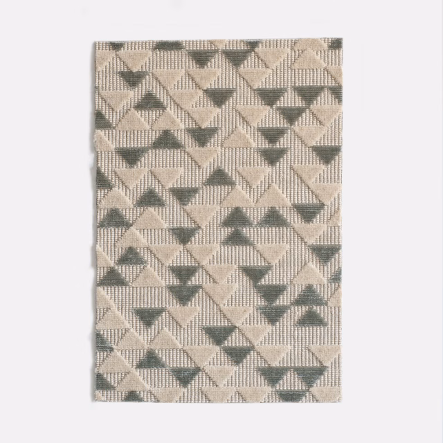 Pale greige velvet with muted lagoon triangles and fine vertical ribbed texture