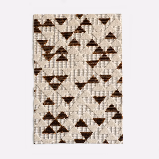 Ivory ribbed velvet with tobacco-brown triangles and geometric diamond motifs