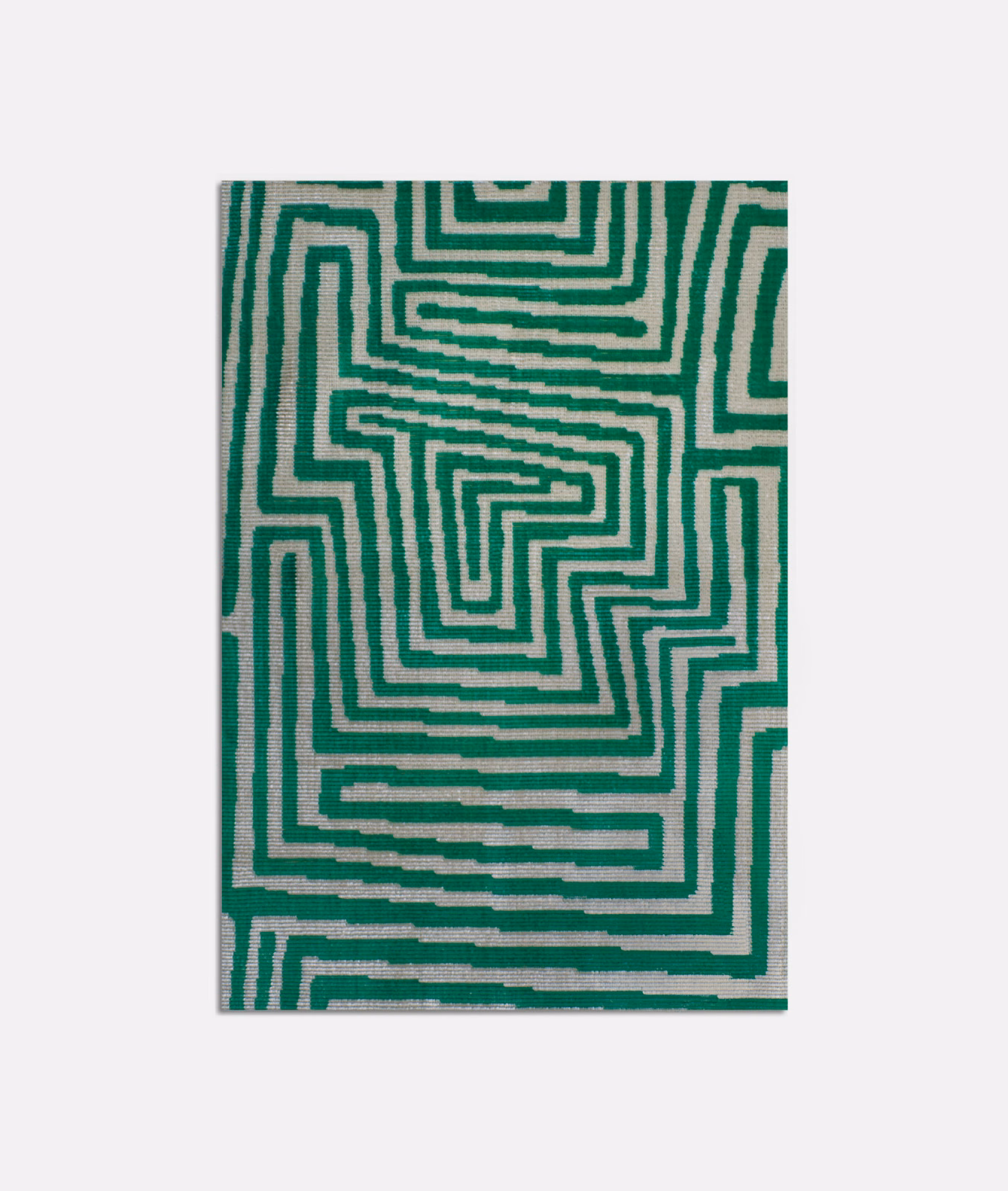Emerald green labyrinth lines on an ivory, softly textured velvet swatch