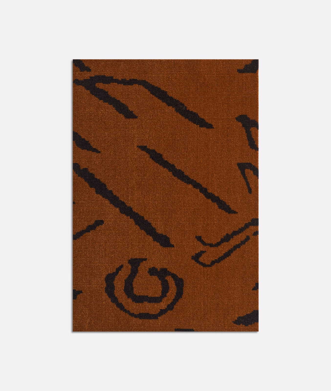 Burnt rust velvet with bold near-black diagonal tiger-like marks and curved motifs