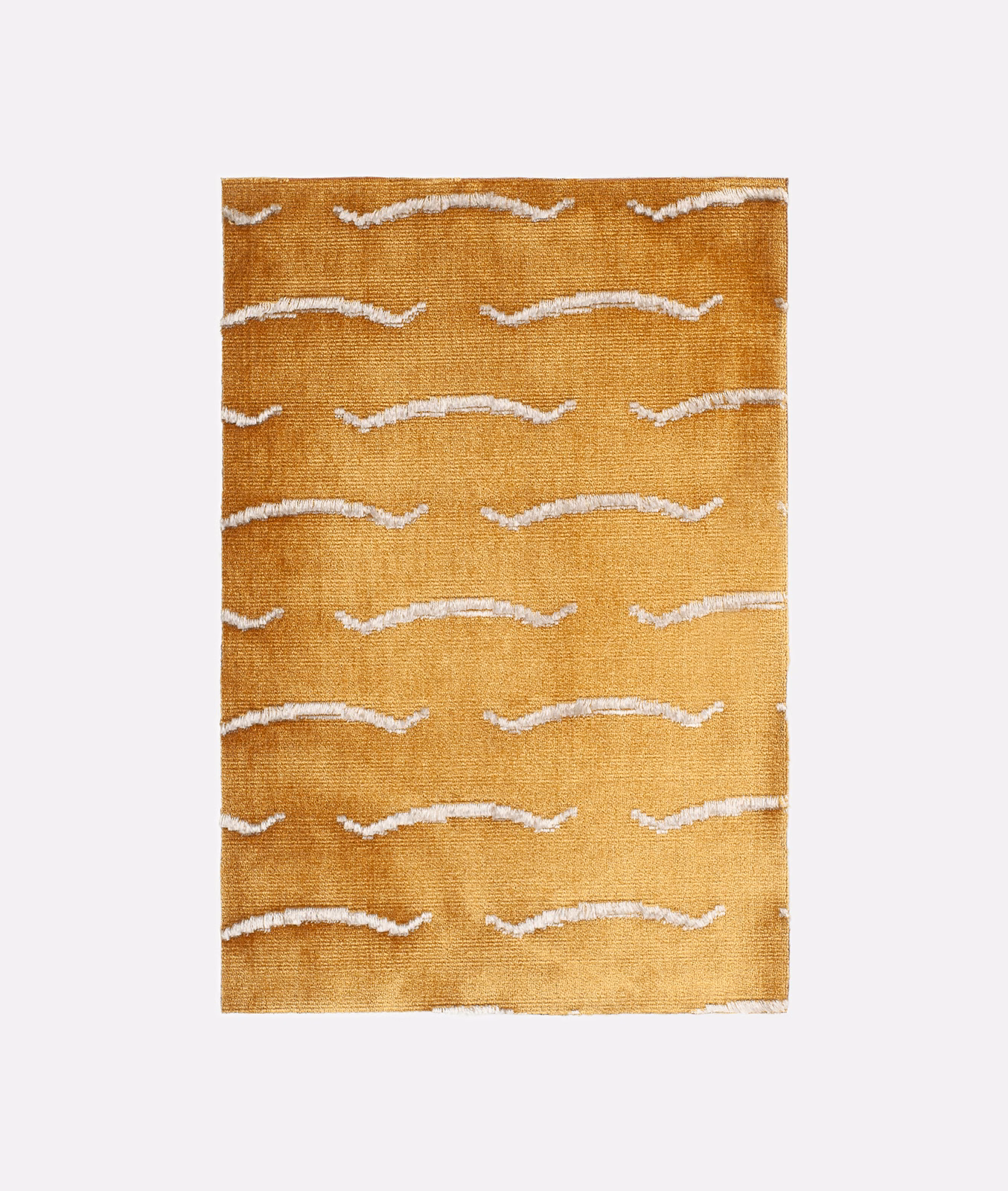 Ochre-gold velvet with irregular warm-white horizontal wave motifs and softly brushed texture