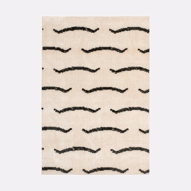 Pale cream textile with staggered charcoal irregular wave lines and fine woven texture