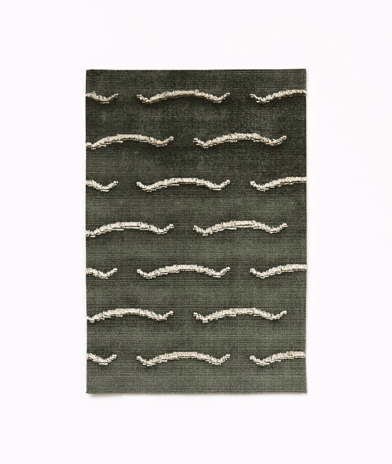 Dark olive-charcoal velvet with repeated raised ivory wave lines
