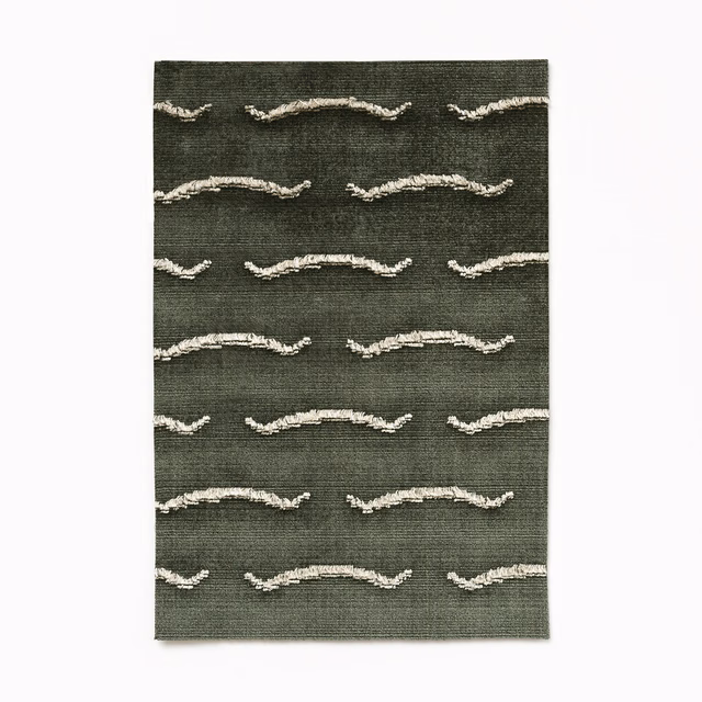 Dark olive-charcoal velvet with repeated raised ivory wave lines