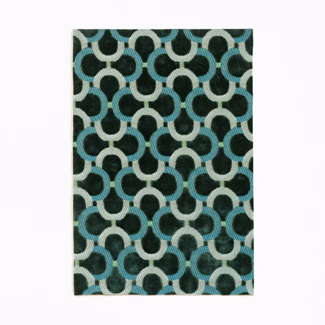 Cactus teal velvet with interlocking ivory and dark green loop motifs