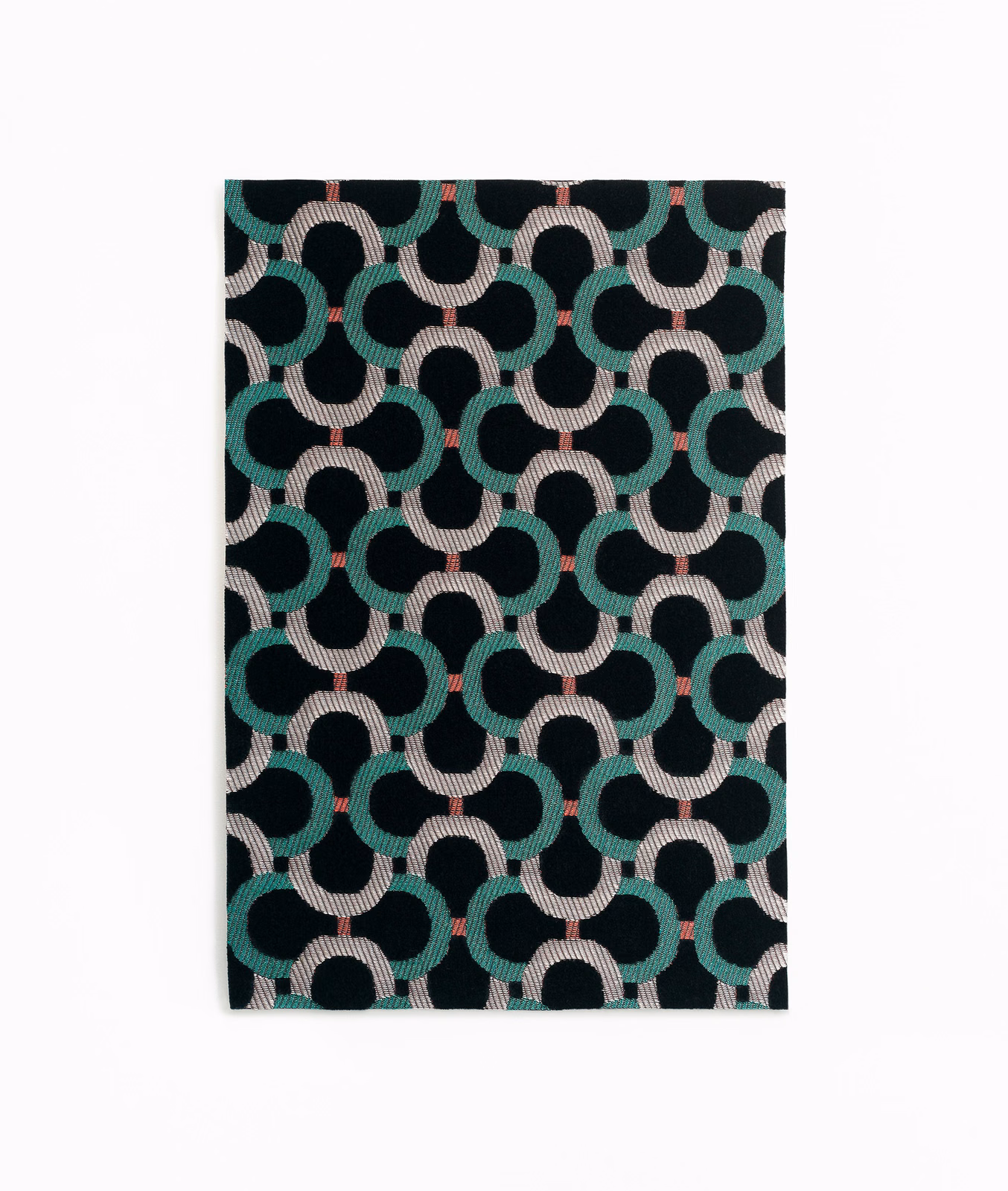 Dark teal velvet with interlocking loops, blush arcs and coral accents