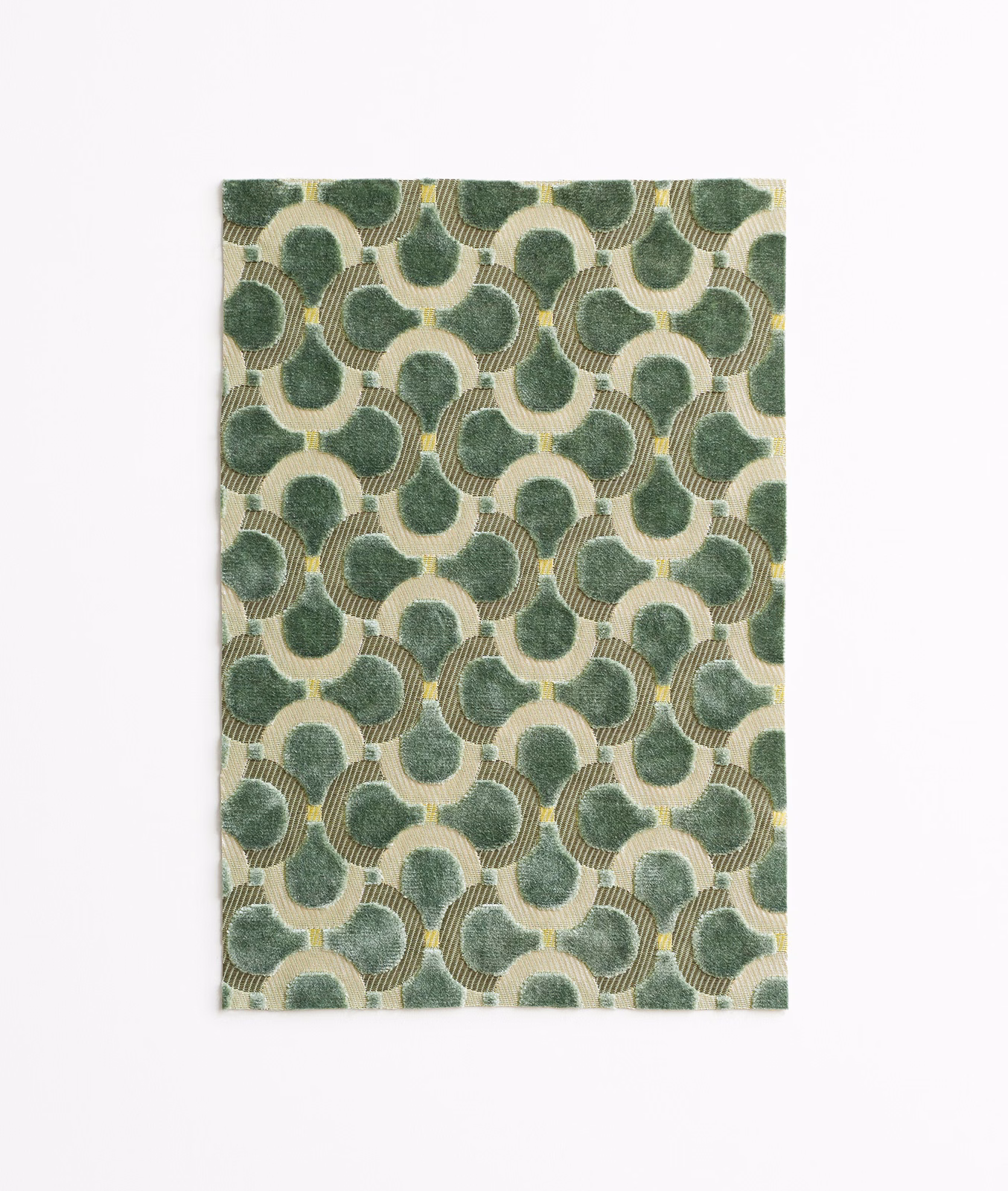 Jade velvet with cream loops, pale-gold lines and softly shaded geometric fan motifs