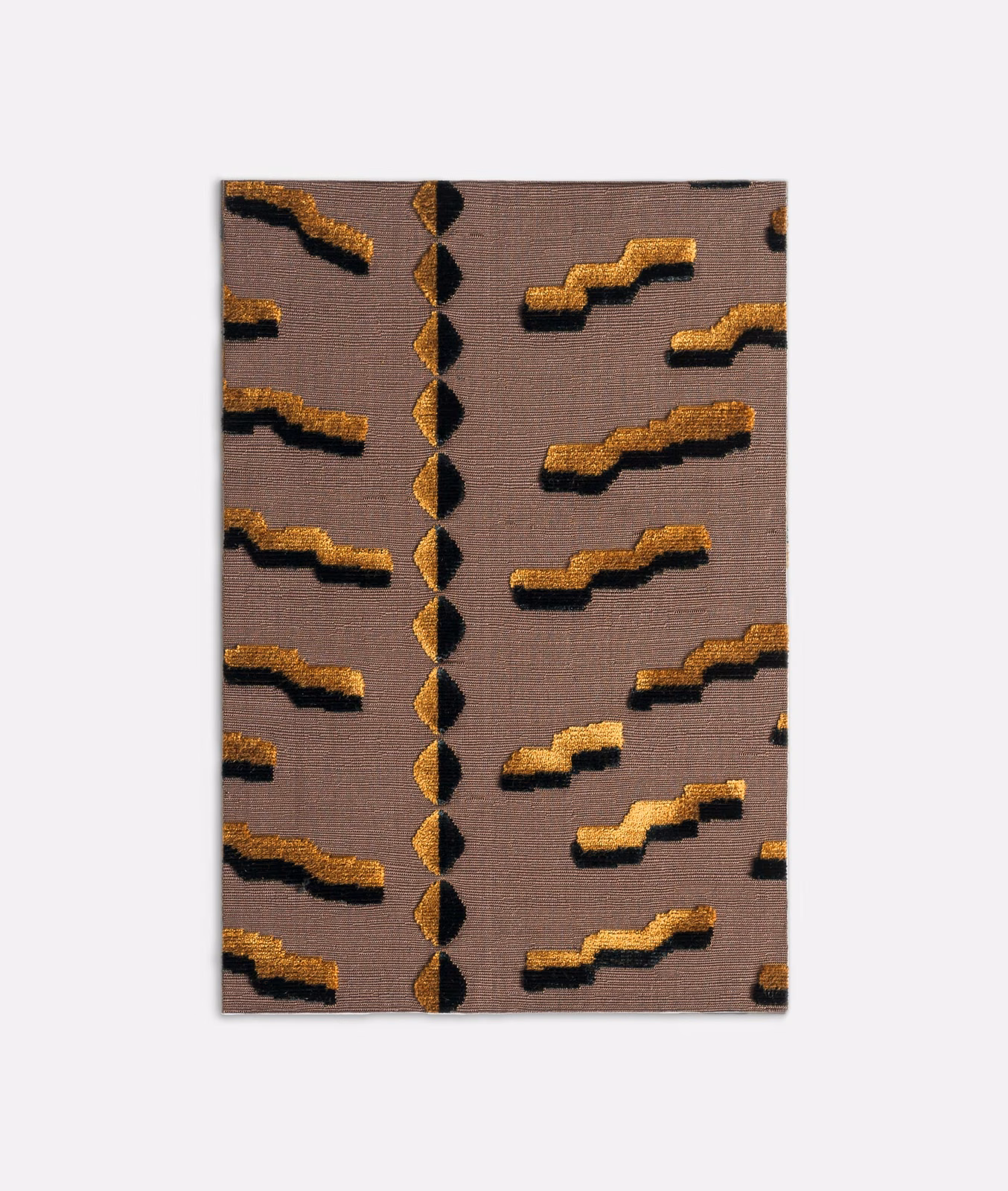 Mauve-taupe velvet with ochre-gold and black stepped geometric motifs