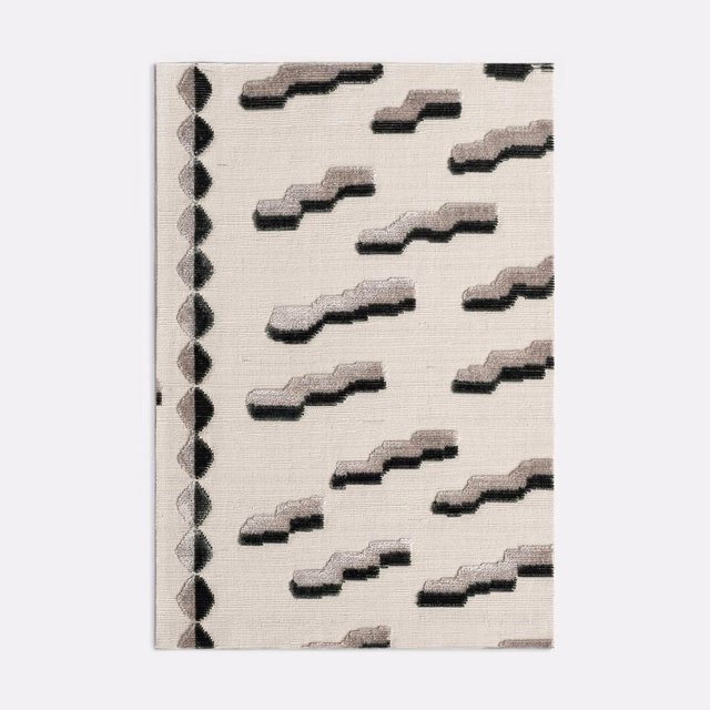 Ivory Fumo velvet with smoky taupe stepped bars and black geometric border