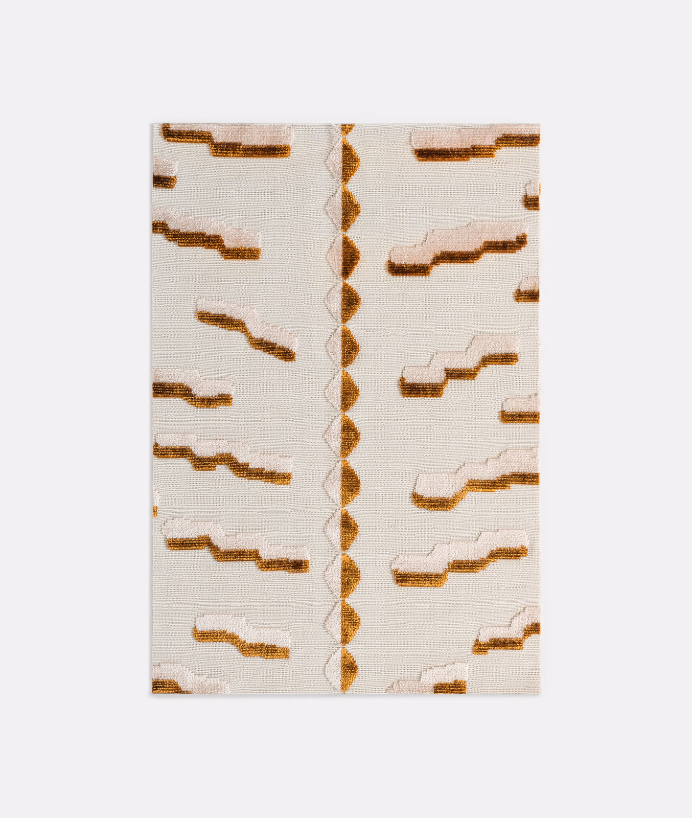 Pale cream velvet with tobacco-brown stepped motifs and central zigzag stripe